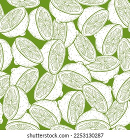 Citrus slices, hand drawn sketch linen vector illustration seamless pattern.