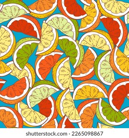 Citrus slices, hand drawn sketch linen vector illustration seamless pattern.