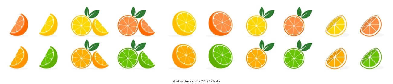 Citrus slices icon set. Lemon  Orange Lime Grapefruit slice. Vector isolated illustration.