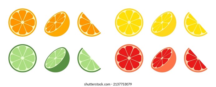 Citrus slices. Citrus icons of orange, lemon, grapefruit and lime. Fruit with vitamin C. Round, half and slice of fruit for juice. Flat icon isolated on white background. Vector.