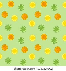 Citrus slices, including orange, lemon and lime, seamless pattern on green background