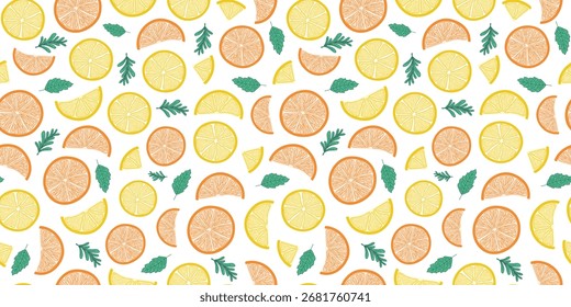 Citrus slices and leaves. Seamless pattern of fruits, oranges, and lemons. Cut in half. Ingredient for juice and a healthy vitamin drink. Vector flat color illustration on a white isolated background.