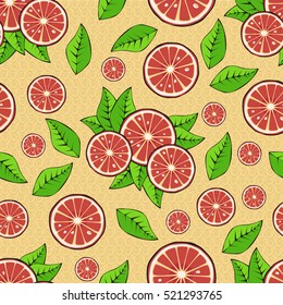 Citrus slices and leaves. Seamless pattern. Vector illustration.