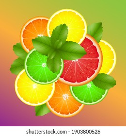 Citrus slices of lemon, orange, lime, grapefruit and mint leaves on colorful background. Vector illustration