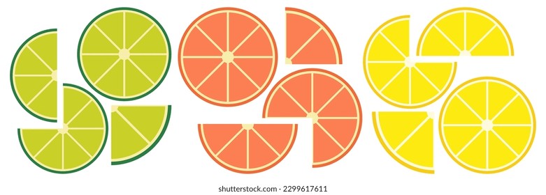 Citrus slices of lemon, orange, lime and grapefruit. Summer vector illustration set