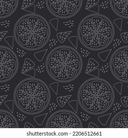 Citrus slices of lemon, orange with white outline on a black background. Seamless cute modern pattern. Vector.