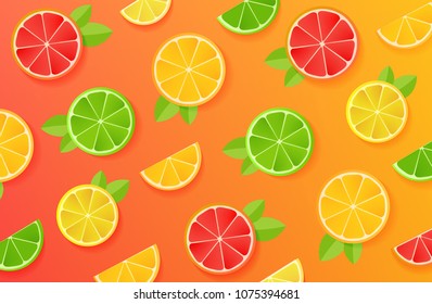 citrus slices pattern background on orange to yellow gradient backdrop, halves, circles pieces of tropical fruits