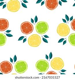 Citrus slices seamless pattern with leaves. Lemon, lime and orange slices background on white.