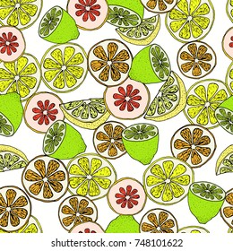 Citrus slices seamless pattern, lime, lemon, orange. Vector illustration