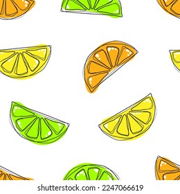 Citrus slices seamless pattern. Slices of oranges, lemons and limes on a white background. Vector illustration.