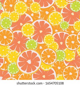 Citrus slices texture with lime, orange, lemon, grapefruit. Vector seamless pattern.