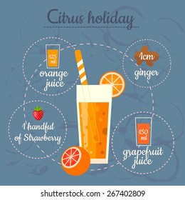 Citrus smoothie recipe. Menu element for cafe or restaurant with energetic fresh drink. Fresh juice for healthy life.