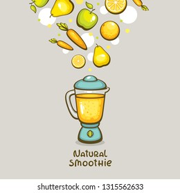 Citrus smoothie vector illustration. Blender with fresh mix of fruits and vegetables. Healthy drink for vegan menu.