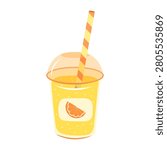 Citrus smoothie vector illustration. Refreshing summer orange drink in plastic takeaway cup with dome lid, striped straw and label isolated on white background. Fruit beverage for menu, poster