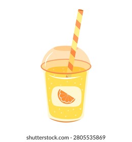 Citrus smoothie vector illustration. Refreshing summer orange drink in plastic takeaway cup with dome lid, striped straw and label isolated on white background. Fruit beverage for menu, poster
