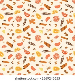 Citrus and spices seamless  pattern on beige background. Tangerine, orange and lemon , ginger, cardamom, cloves, nutmeg, anise, cinnamon, vanilla. For cooking, spice stores sign. Vector  illustration.