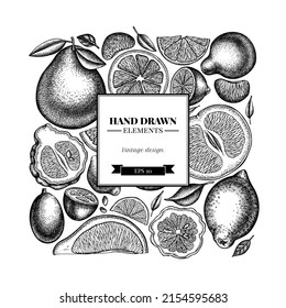 Citrus square card or invitation design. Frame design with kumquat, lemon, tangelo, etc.
