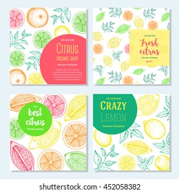 Citrus square flyer collection. Lemons and orange banners hand drawn in ink illustration. Vector vintage fresh illustration. Line art graphic.