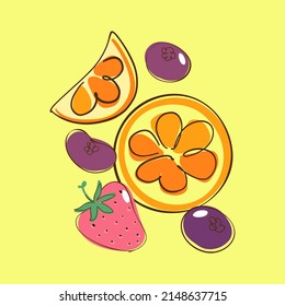 Zitrus, Erdbeeren, Blaubeeren, Vektorgrafik auf gelbem Hintergrund. Sommerliche helle Früchte.