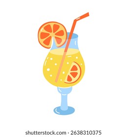 Citrus summer cocktail isolated vector illustration. Beverage in glass with orange slices and straw. Summertime, beach, tropical design. Flat object with cute doodle elements