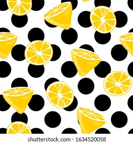 Citrus summer illustration with lemon slices. Seamlees pattern with colorful fruits on black and
white polka dots background. Food concept. Template design for invitation, card, fabric, textile.