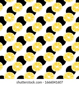 Citrus summer illustration with lemon slices. Seamlees pattern with colorful fruits on black and
white polka dots background. Food concept. Template design for invitation, card, fabric, textile.
