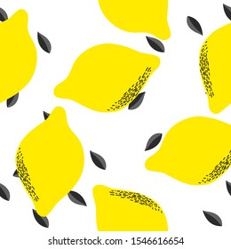 Citrus summer illustration with lemons and leaves. Seamlees pattern with colorful fruits  on white background. Food concept. Template design for invitation, poster, card, fabric, textile.