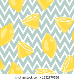 Citrus summer illustration with lemons and leaves. Seamlees pattern with colorful fruits  on blue and
white zigzag background. Food concept. Template design for invitation, card, fabric, textile.