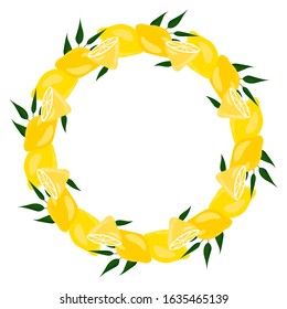 Citrus summer round frame with lemons, limes and leaves. Tropical seamlees border with colorful fruits on white background. Template design for invitation, poster, card, flyer, banner. Copy space.