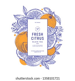 Citrus summer vertical design template. Engraved botanical style illustration. Vector illustration