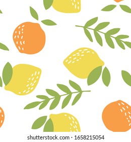 Citrus tangerines and lemons with fresh green leaves on a white background, simple cute seamless pattern.