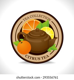 Etiqueta de té cítrico con tetera marrón