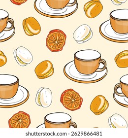 Citrus Tea and Orange Pattern Illustration. Seamless Vector with Sliced Oranges and Hot Beverages
