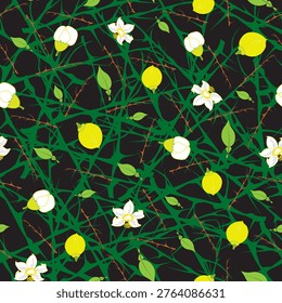 Citrus themed seamless repeat with black background including flowers, leaves, fruits, and branches. Suitable for leisurewear, caps, table clothes, resort - related illustrations, umbrellas.