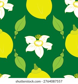 Citrus themed seamless repeat with flowers, leaves, fruits, and branches. Suitable for leisurewear, caps, table clothes, resort -related illustrations, umbrellas.