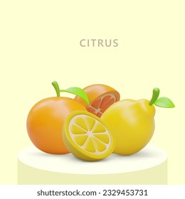 Citrus time. Vertical template on yellow background. Juicy realistic fruits. Whole and cut lemons and oranges. Place for headline, announcement, promotional offer