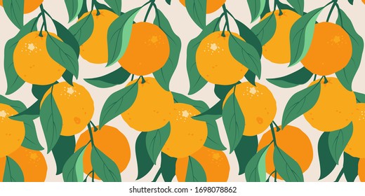Citrus tree summer seamless pattern, orange on branches with leaves. Orange Fruits pattern. Vector Tropical fabric design with citrus fruits. 