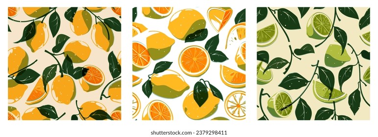 Citrus trendy pattern. Seamless print of abstract tropical fruit tree leaves, funny botanical floral backdrop for fabric textile. Vector texture. Juicy yellow and green organic plants