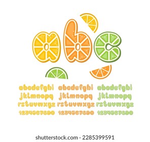 Citrus Tropical Fruit Alphabet. Lemon, Orange and Lime Font Decorated with Slices. Juicy Letters and Numbers.