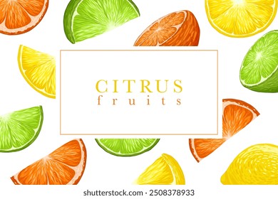 Cartão de vetor Citrus. Design de adesivo de limão, limão e frutas de laranja. Tipografia retrô do texto. Fundo de cobertura de padrão frutado. Rótulo das embalagens de alimentos, bebidas e aromas Não recortar elementos. Fundo branco