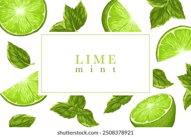 Citrus vector card. Lime and mint tag design. Text place. Fruity pattern cover background. Chopped lime, peppermint leaves. Label for food, drink, flavour packaging. Uncut elements. White backgrouind