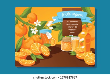 Citrus vector fresh orange fruit backdrop and organic tropical juicy food jam illustration background fruity banner with orange-tree leaves badge.