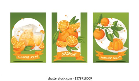 Citrus vector fresh orange fruit backdrop tropical juicy drinks in jar and organic food jelly food badge illustration set of with orange-tree leaves background fruity banner.