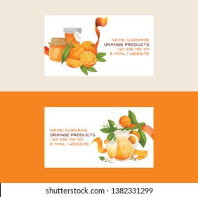 Citrus vector fresh orange fruit business card backdrop tropical juicy drinks in jar and organic food jelly food business-card illustration set of with orange-tree leaves background fruity banner.