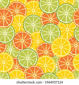 Citrus vector seamless background: lemon, lime, orange slices top view.
