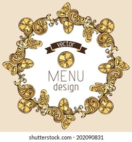 Citrus vintage round frame. Fruits frame on paper background. There is place for your text in the center. Menu design. 