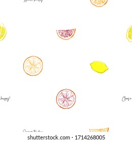 Citrus wallpaper. Seamless pattern with lemons and oranges. Hand drawn vector elements on white backdrop. Fresh design for food product industry.