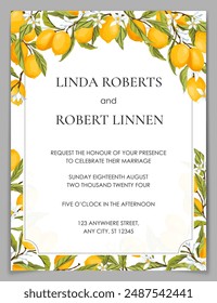 Citrus wedding invitation. Summer garden wedding announcement card. Mediterranean wedding invitation postcard. Amalfi Lemon branches with fruits, flowers and leaves. Elegant modern template. Vector.