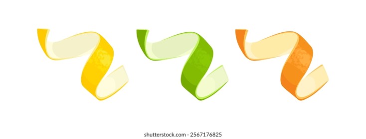 Citrus zest set. Orange fruit, lemon and lime peel twist. Vector cartoon flat illustration.