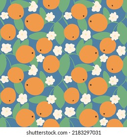 Citruses and flowers seamless pattern. Blossoming oranges background. Bright citrus print on blue backing. Exotic tropical fruit pattern for textile, packaging, paper vector Illustration